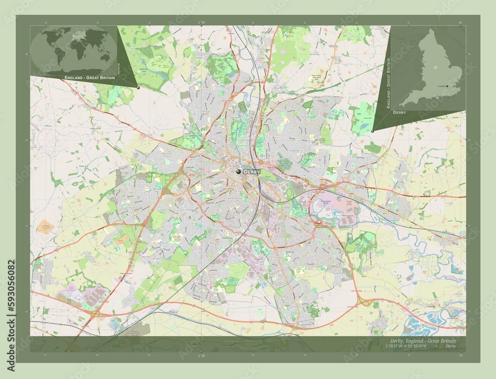 Fototapeta premium Derby, England - Great Britain. OSM. Labelled points of cities