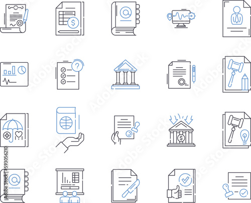 Law department outline icons collection. Law, Department, Judiciary, Regulation, Legislation, Litigation, Criminal vector and illustration concept set. Contract, Enforcement, Constitutional linear