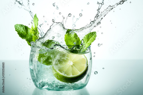 Water splashing with fresh lime slices  mint leaves as a concept for summertime libations. White high key background. High quality generative ai