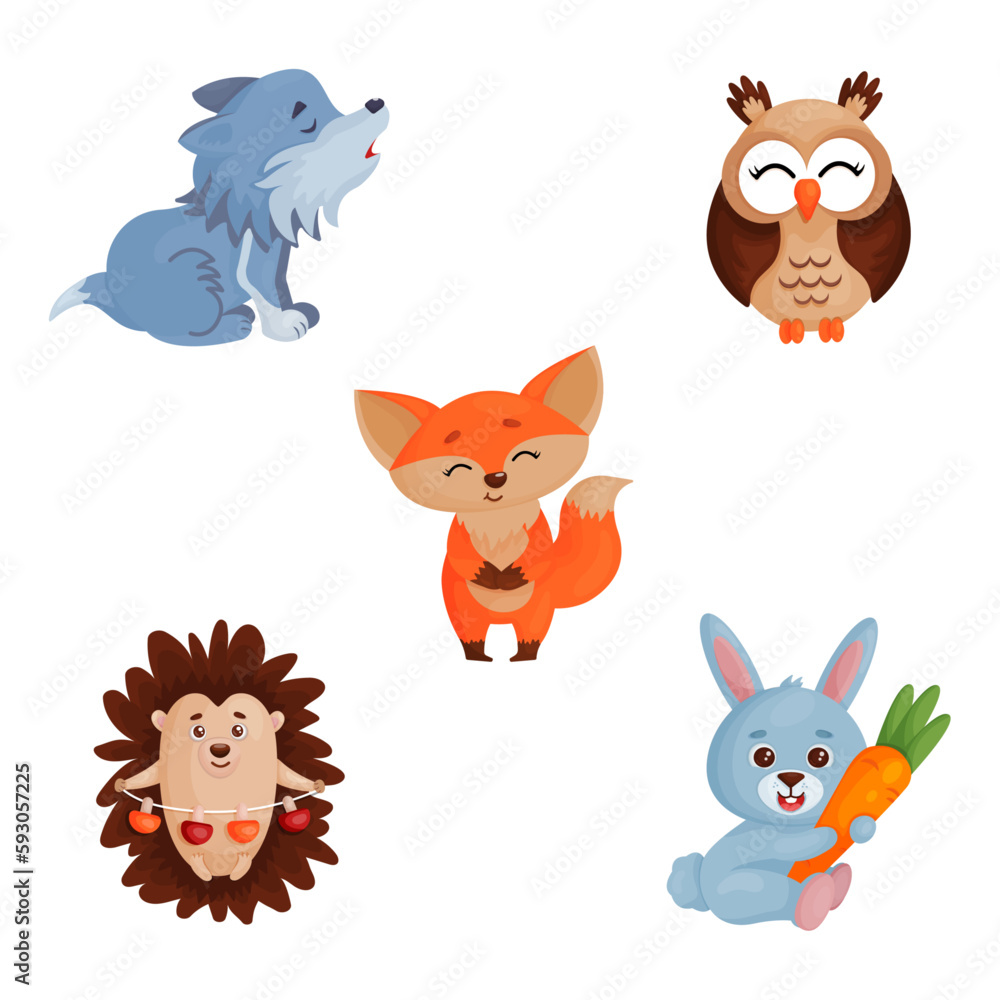Cute woodland forest animal vector illustration set. Including wolf, fox, owl, hedgehog. rabbit. Cartoon flat design Cute woodland forest animal vector illustration set. Including wolf, fox, owl, hedgehog. rabbit. Cartoon flat design