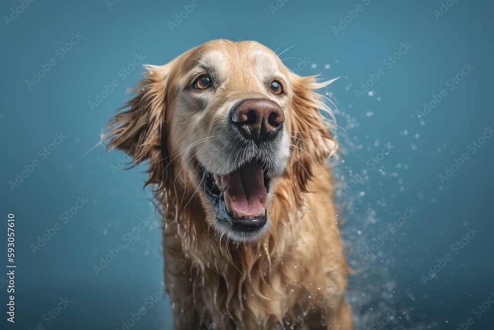 A wet, happy Golden Retriever dog taking a bath, playing in water. pet care grooming and washing concept.