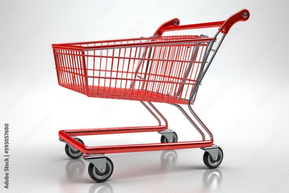 An illustration of a red shopping cart on a white background for retail advertising. Generative AI An illustration of a red shopping cart on a white background for retail advertising. Generative AI