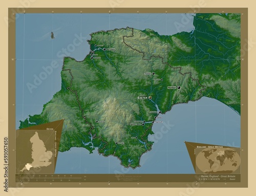 Devon, England - Great Britain. Physical. Labelled points of cities photo