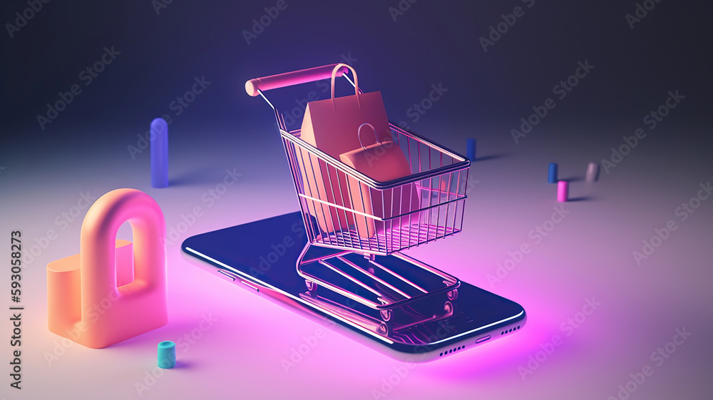 Online store banner with shopping cart. Generative Ai