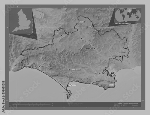 Dorset, England - Great Britain. Grayscale. Labelled points of cities photo