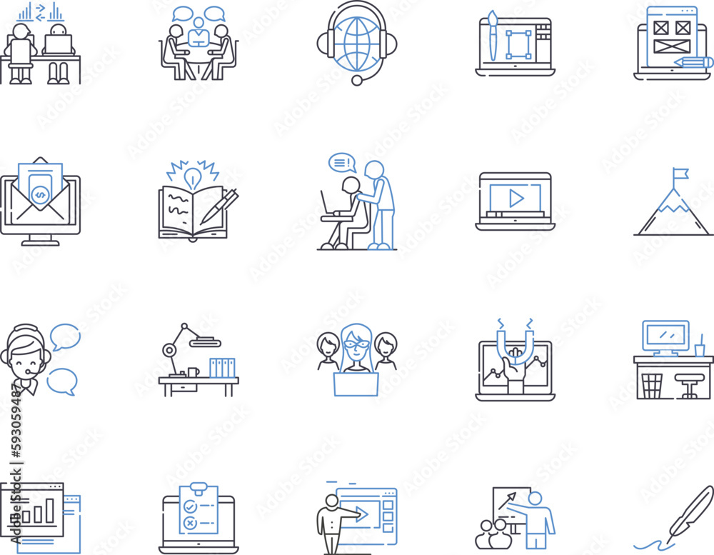 Working enterprise outline icons collection. Enterprise, Working, Business, Organization, Firm, Company, Corporation vector and illustration concept set. Department, Project, Office linear signs Working enterprise outline icons collection. Enterprise, Working, Business, Organization, Firm, Company, Corporation vector and illustration concept set. Department, Project, Office linear signs