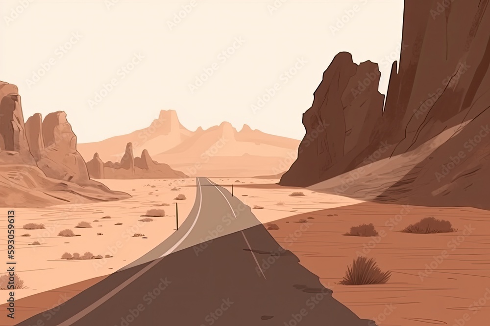 winding road cutting through a vast and rugged desert landscape. Generative AI