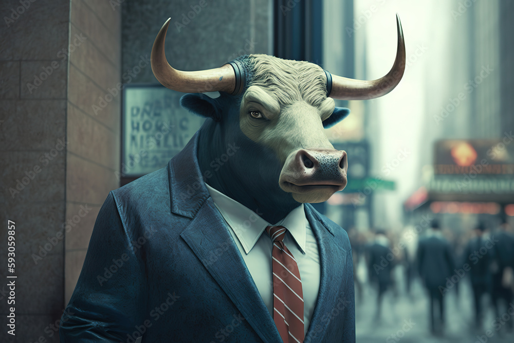a bull dressed in a business suit on wall street  - obrazy, fototapety, plakaty 