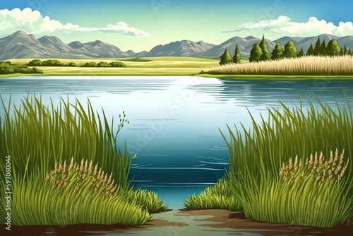a large body of water surrounded by tall grass  beautiful lake background 