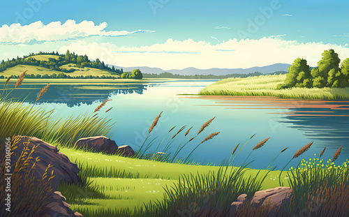 a large body of water surrounded by tall grass  beautiful lake background 