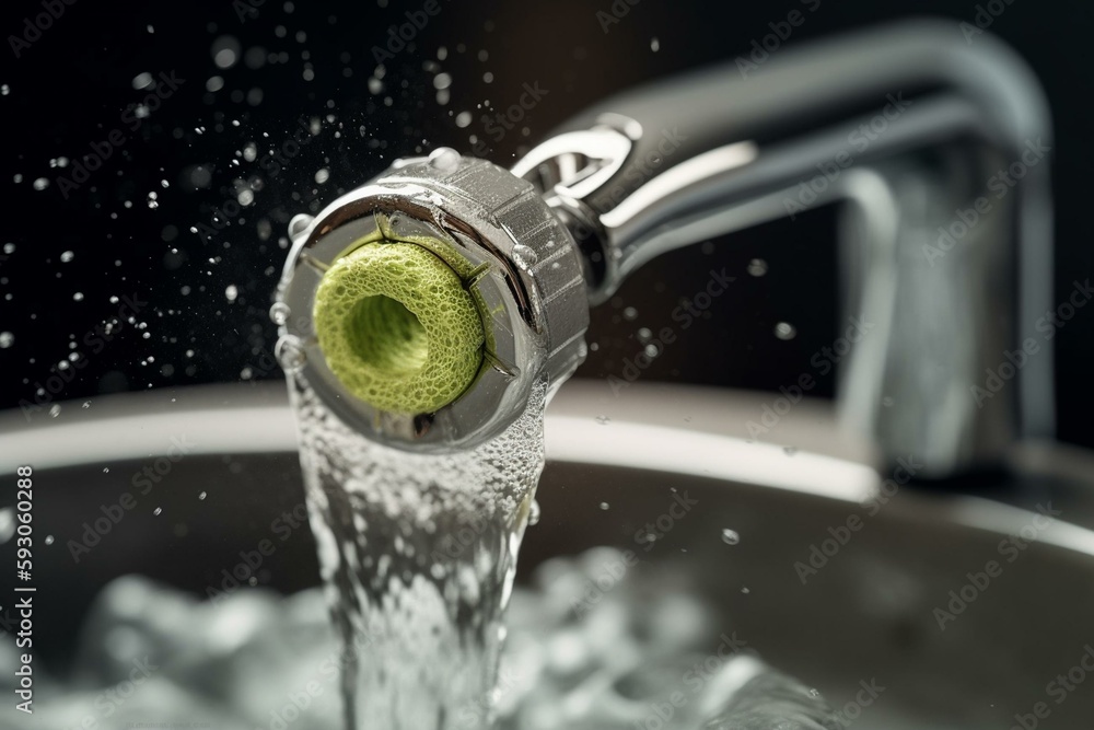 Dirty faucet aerator with limescale, calcified shower water tap with