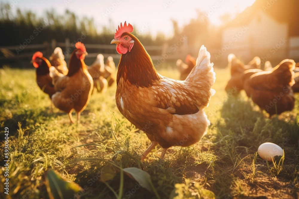 Hen with chickens outdoors on a pasture in the sun. Organic poultry