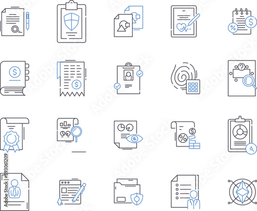 law agency outline icons collection. Law Firm, Lawyer, Practice, Attorney, Solicitors, Barristers, Chambers vector and illustration concept set. Counsel, Prosecution, Jurisprudence linear signs