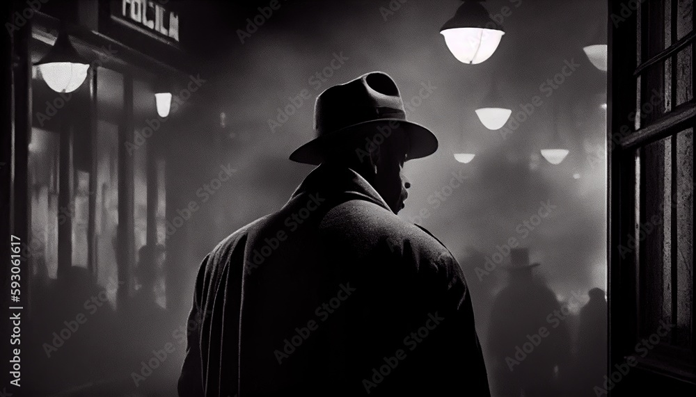 noir male detective on street, black and white, retro movie concept, ai generative