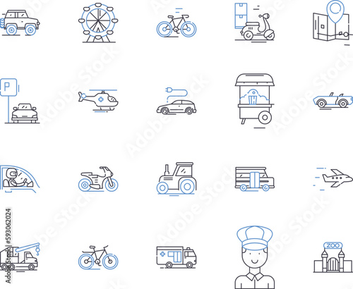 Transport and tour outline icons collection. Transport, Tour, Travel, Bus, Taxi, Car, Rail vector and illustration concept set. Flight,Airline,Cruise linear signs