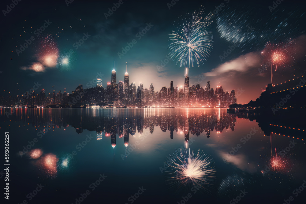Fireworks at night over city skyline. Generative Ai