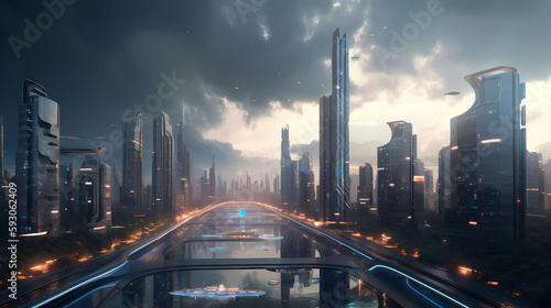 A futuristic city or city of the future from science fiction at sunset with the skyscrapers lighten by golden hour in the middle of a cloudy blue sky  near a river.