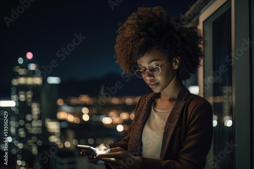 Young black woman on mobile phone on the balcony of her house at night with the city lights in the background. Generative Ai