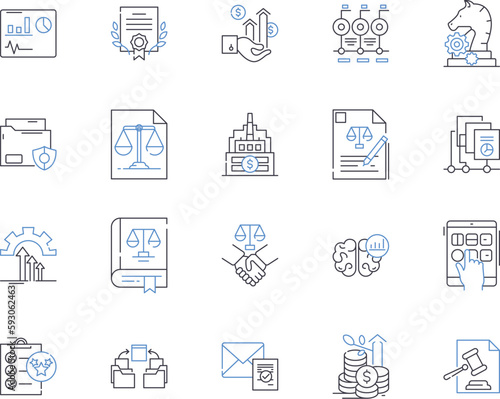 International law outline icons collection. International, law, treaties, sovereignty, nationality, jurisdiction, boundaries vector and illustration concept set. trade, maritime, arbitration linear