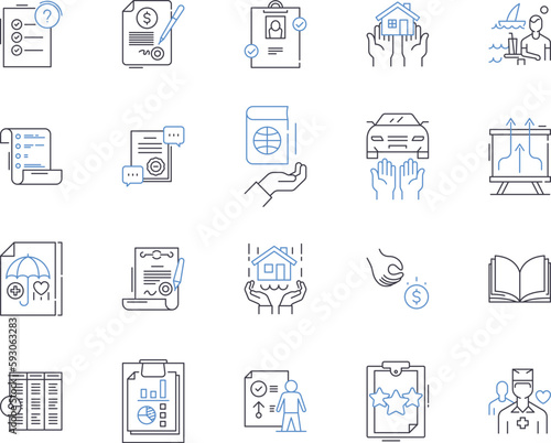 Insurance and laegal outline icons collection. Insurance, Legal, Coverage, Claims, Liability, Risk, Compliance vector and illustration concept set. Contract, Lawyer, Litigation linear signs