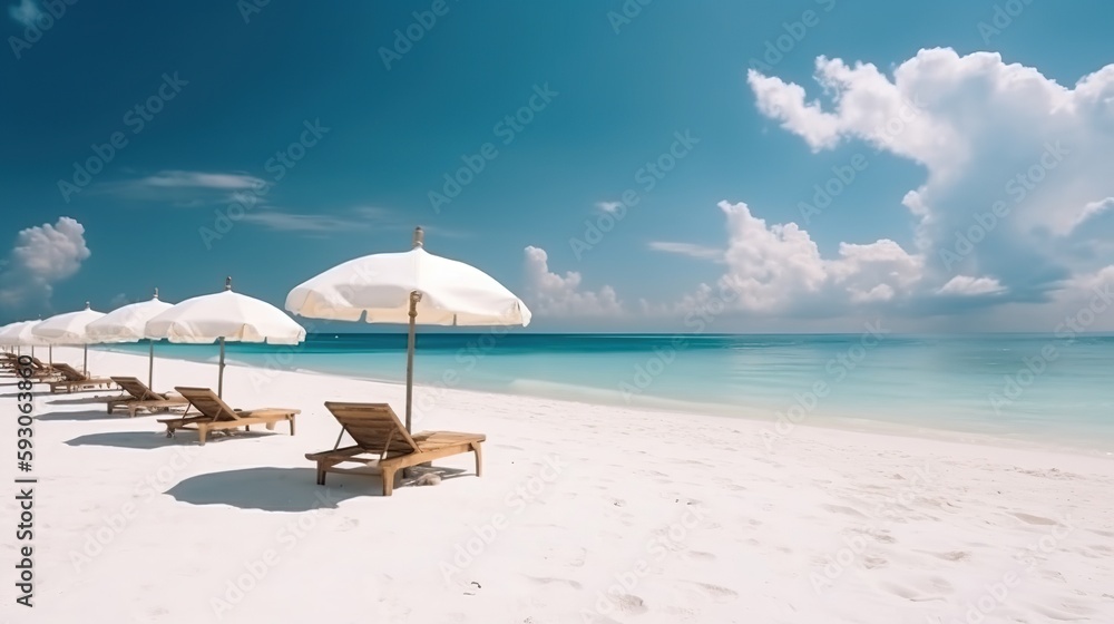 Playa con vistas al océano y silla con sombrilla - generative ia