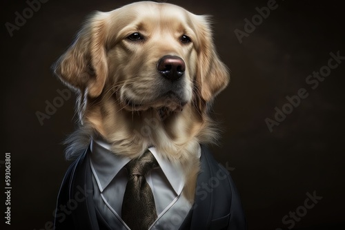 Portrait of a golden retriever dog dressed in a suit. Generative Ai photo