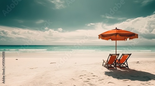 Playa con vistas al océano y silla con sombrilla - generative ia