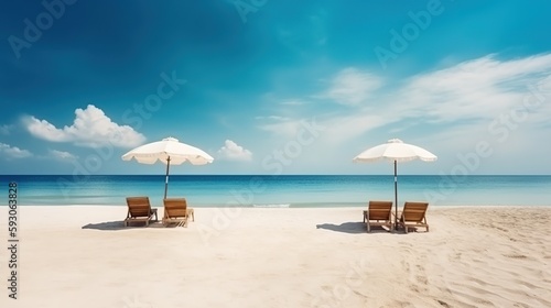 Playa con vistas al océano y silla con sombrilla - generative ia © Pedro