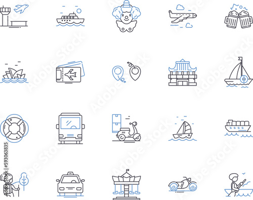 Travel and entertainment outline icons collection. Tourism, Vacation, Leisure, Cruise, Adventure, Sightseeing, Amusement vector and illustration concept set. Entertainment, Exploration, Airfare linear