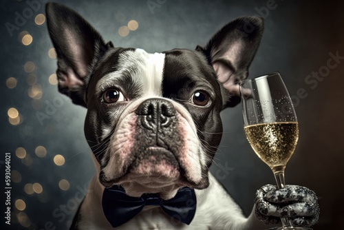 French bulldog holding a glass of champagne. Generative Ai © raquel