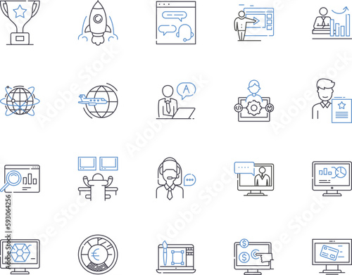 Corporation department outline icons collection. Corporate, Department, Finance, Accounting, Human Resources, Legal, Technical vector and illustration concept set. Marketing, Operations, Sales linear