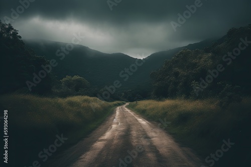Stunning image of a road in front of mountains with a dark sky. Generative AI © Vusal