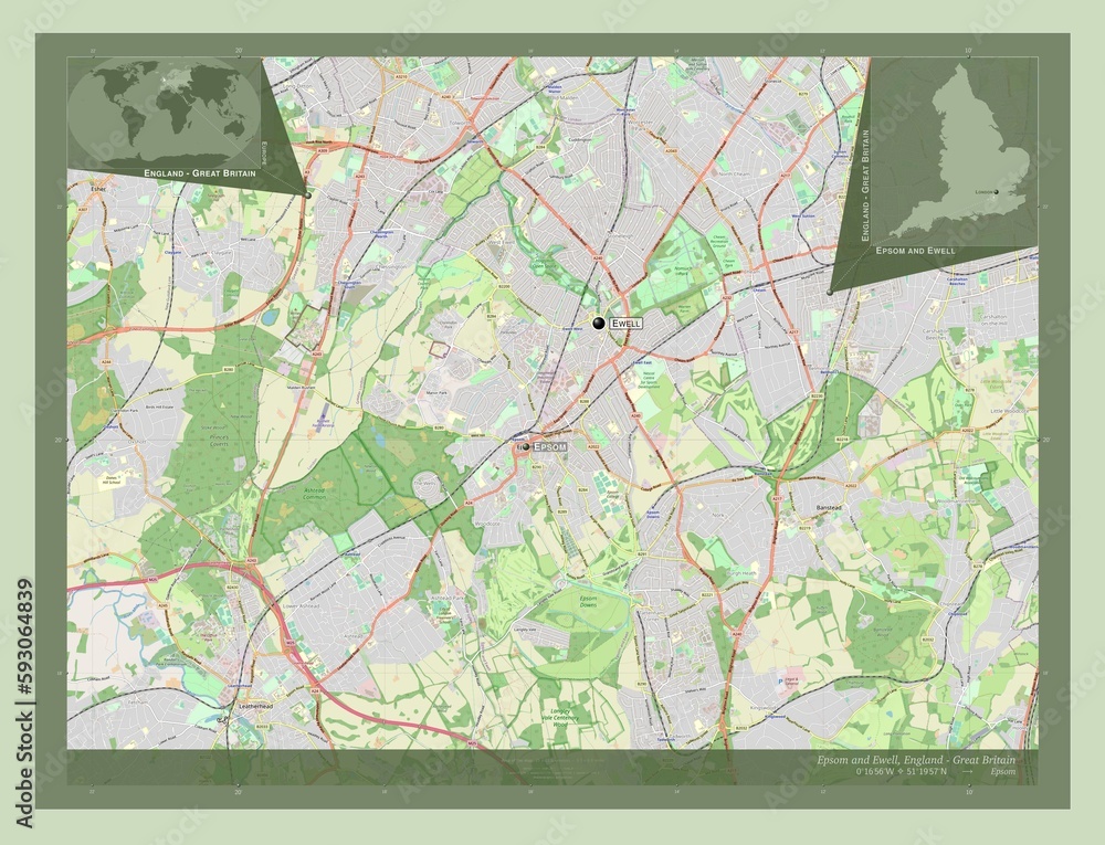 Fototapeta premium Epsom and Ewell, England - Great Britain. OSM. Labelled points of cities
