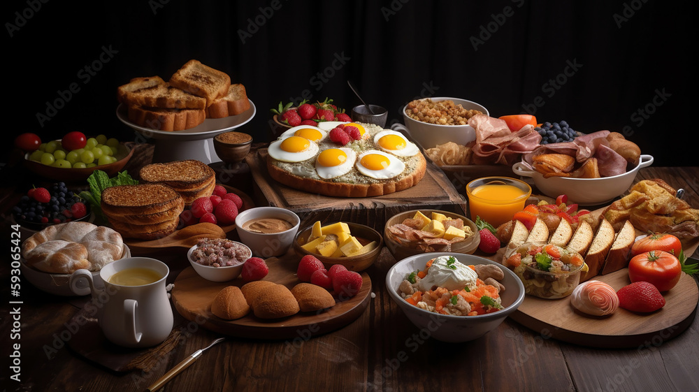 Western big gourmet breakfast selection mixed dishes. Generative Ai Western big gourmet breakfast selection mixed dishes. Generative Ai