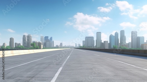 Empty asphalt road and city skyline with buildings. Generative Ai