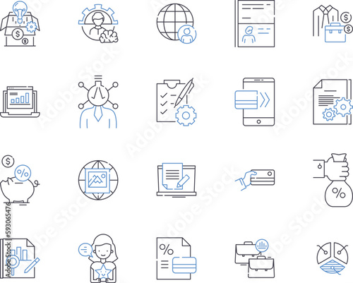 Finance and money outline icons collection. Money, Finance, Banking, Investment, Credit, Debt, Interest vector and illustration concept set. Tax, Earnings, Cryptocurrency linear signs