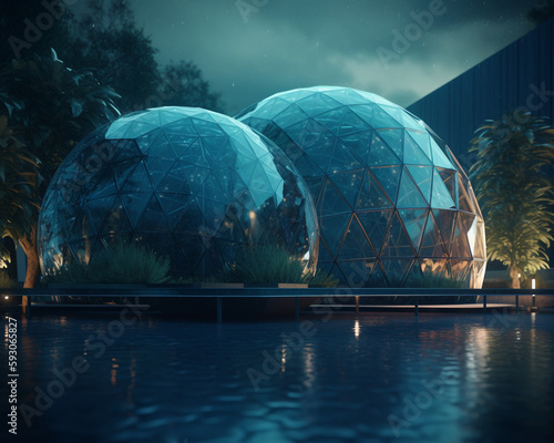 Explore Martian Colony, terraforming, Moon Dome City, geodesic domes on Mars. 3D renderings of glass huts in starry nights. Metal and glass geodesic dome houses. Ai generated Geodesic bubbles 