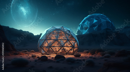 Exploring martian Colony, terraforming, Moon Dome City, geodesic domes on Mars. 3D renderings of glass huts in the dusk. Metal and glass geodesic dome houses. Ai generated Geodesic bubbles  photo