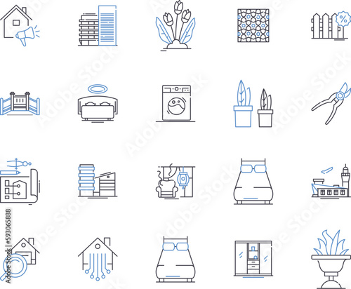 Remodeling and renovation outline icons collection. Remodelling, Renovation, Refurbishment, Reconstruction, Redesign, Restoration, Updating vector and illustration concept set. Modernizing