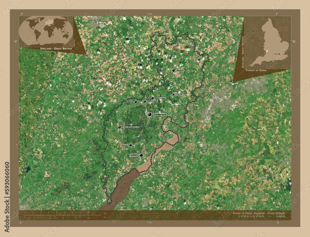 Forest of Dean, England - Great Britain. Low-res satellite. Labelled points of cities