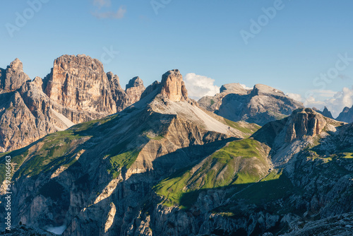 Italian mountain landscape in Tre Cime di Lavaredo national park at sunrise in Dolomites, Alps, Italy. Nature background