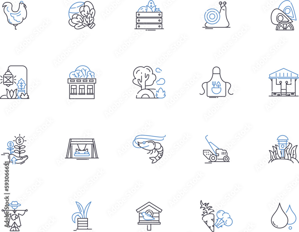 Farming outline icons collection. Cropping, Cultivation, Plowing, Planting, Tillage, Irrigation, Reaping vector and illustration concept set. Harvesting, Sowing, Weeding linear signs Farming outline icons collection. Cropping, Cultivation, Plowing, Planting, Tillage, Irrigation, Reaping vector and illustration concept set. Harvesting, Sowing, Weeding linear signs
