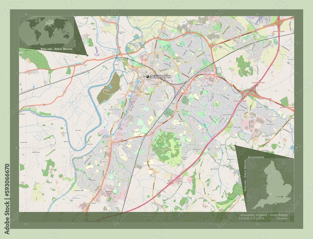 Fototapeta premium Gloucester, England - Great Britain. OSM. Labelled points of cities