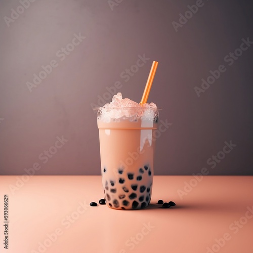 Still life photography of a cup of bubble tea in a pink an gray background photo