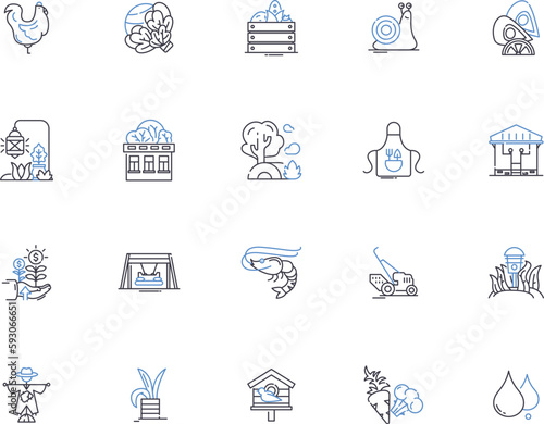 Farming outline icons collection. Cropping, Cultivation, Plowing, Planting, Tillage, Irrigation, Reaping vector and illustration concept set. Harvesting, Sowing, Weeding linear signs