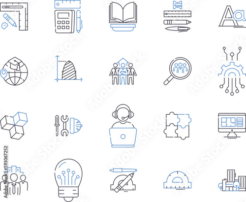Engineering tools outline icons collection. Tools, Engineering, Instrument, Drill, Wrench, Saw, Screwdriver vector and illustration concept set. Cement, Hammer, Clamp linear signs