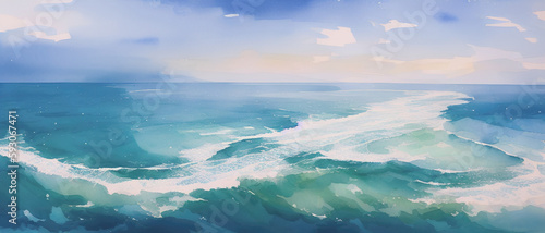 Abyss of sea waves, turquoise ocean waves illustration, Generative AI. © Valentina Watercolor