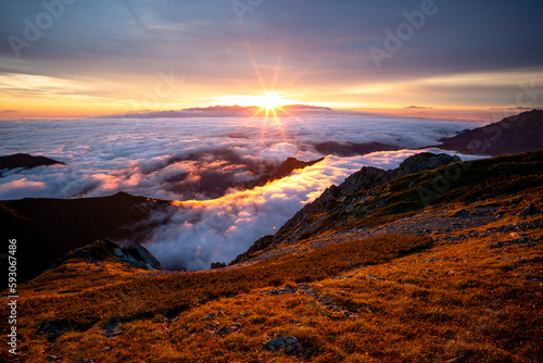                 sunset and sea of clouds