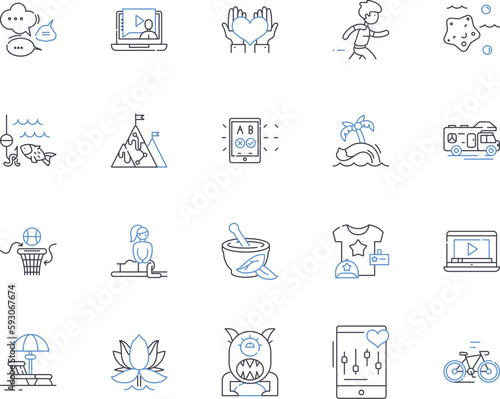 Activities and tourism outline icons collection. Activities, Tourism, Recreation, Sightseeing, Exploring, Adventure, Vacation vector and illustration concept set. Hiking, Fishing, Biking linear signs