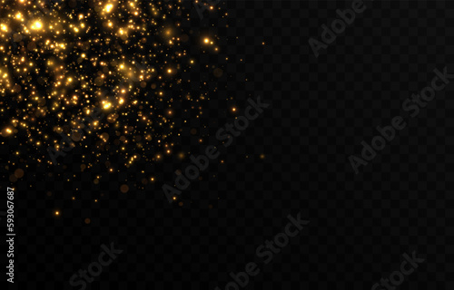 Vector gold sparkles on an isolated transparent background. Atomization of golden dust particles png. Glowing particles png. Gold dust. Light effect.